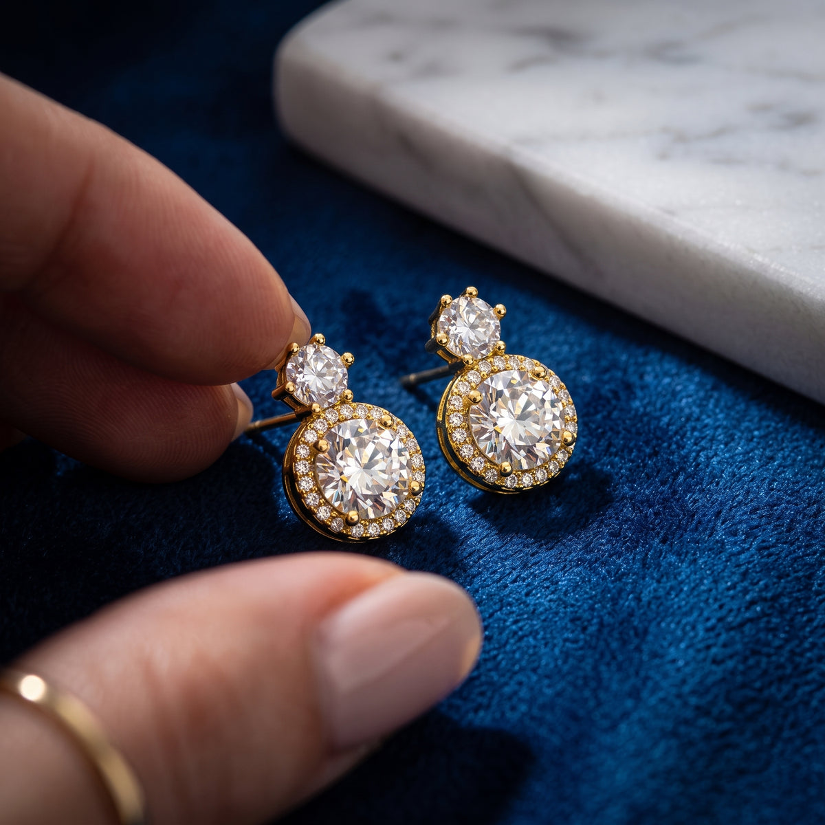 Elaro Luxury Pearl & CZ Halo Drop Earrings — Gold Bridal Collection