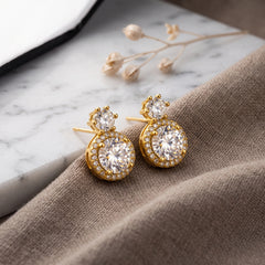 Elaro Luxury Pearl & CZ Halo Drop Earrings — Gold Bridal Collection
