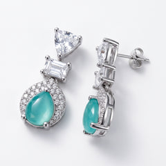 EL ARO Silver Aqua Chalcedony Teardrop Drop Earrings with CZ Trio