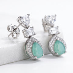 EL ARO Silver Aqua Chalcedony Teardrop Drop Earrings with CZ Trio