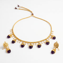 EL ARO Gold Floral Jhumka Necklace Set with Pink, Purple & Black Bead Drops