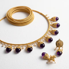 EL ARO Gold Floral Jhumka Necklace Set with Pink, Purple & Black Bead Drops