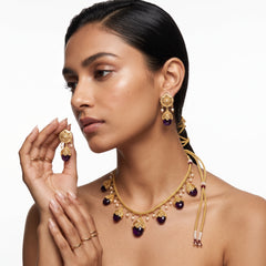 EL ARO Gold Floral Jhumka Necklace Set with Pink, Purple & Black Bead Drops