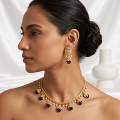 EL ARO Gold Floral Jhumka Necklace Set with Pink, Purple & Black Bead Drops