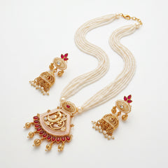 Elaro Pearl Strand Necklace & Jhumka Earrings Set with Peacock Pendant