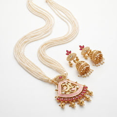 Elaro Pearl Strand Necklace & Jhumka Earrings Set with Peacock Pendant