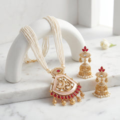Elaro Pearl Strand Necklace & Jhumka Earrings Set with Peacock Pendant