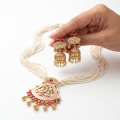 Elaro Pearl Strand Necklace & Jhumka Earrings Set with Peacock Pendant