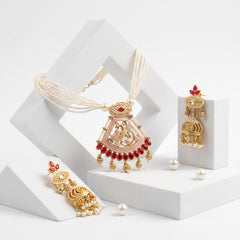 Elaro Pearl Strand Necklace & Jhumka Earrings Set with Peacock Pendant