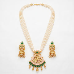 Elaro Pearl Strand Necklace & Jhumka Earrings Set with Peacock Pendant