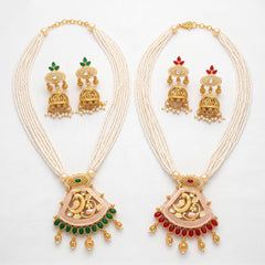 Elaro Pearl Strand Necklace & Jhumka Earrings Set with Peacock Pendant