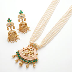 Elaro Pearl Strand Necklace & Jhumka Earrings Set with Peacock Pendant