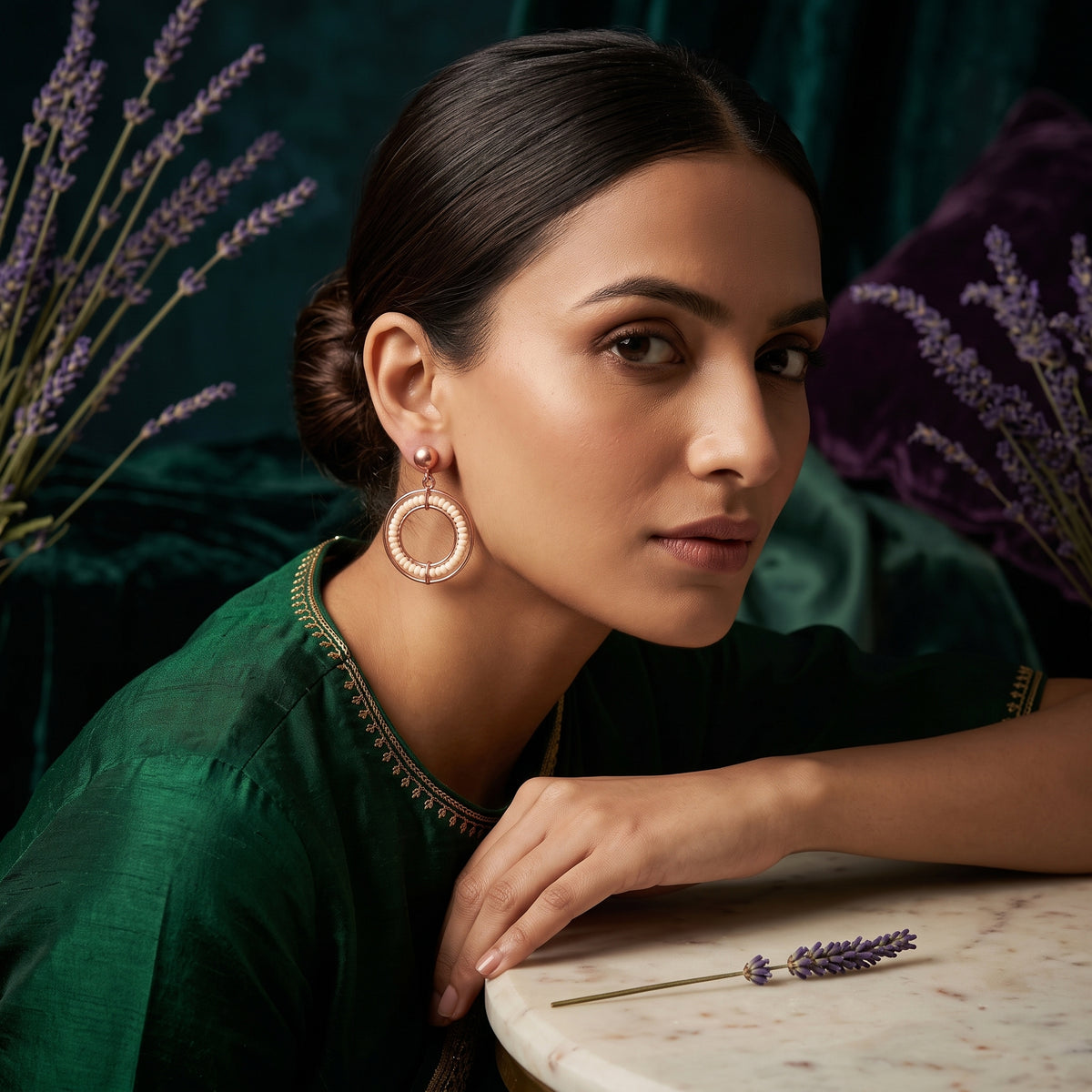 EL ARO Rose Gold Beaded Circle Hoop Drop Earrings