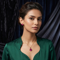 EL ARO Gold Ruby Red Oval CZ Pendant Necklace & Stud Earrings Set