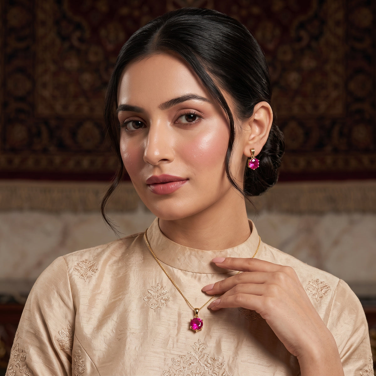 EL ARO Gold Ruby Red Oval CZ Pendant Necklace & Stud Earrings Set