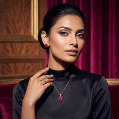 EL ARO Gold Ruby Red Oval CZ Pendant Necklace & Stud Earrings Set
