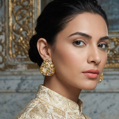 EL ARO Gold Kundan Triangular Floral Stud Earrings with Mirror Stones