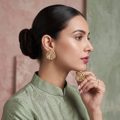 EL ARO Gold Kundan Triangular Floral Stud Earrings with Mirror Stones