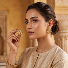 EL ARO Gold Kundan Triangular Floral Stud Earrings with Mirror Stones