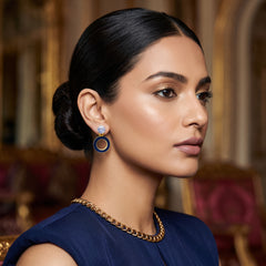 EL ARO Gold & Black Enamel Circle Drop Earrings with CZ Stud