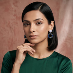 EL ARO Gold & Black Enamel Circle Drop Earrings with CZ Stud