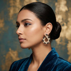 EL ARO Gold & Black Enamel Paisley Swirl CZ Stud Earrings