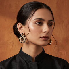 EL ARO Gold & Black Enamel Paisley Swirl CZ Stud Earrings