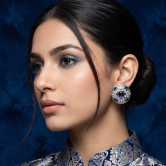 EL ARO Silver Round Stud Earrings with Sapphire Blue & CZ Stones
