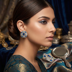 EL ARO Silver Round Stud Earrings with Sapphire Blue & CZ Stones