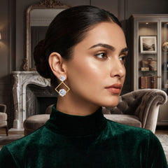EL ARO Golden Open Diamond Frame Double CZ Solitaire Drop Earrings