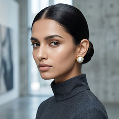 EL ARO Oversized Pearl Button Stud Earrings with Gold Bead Halo