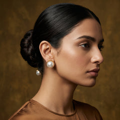 EL ARO Oversized Pearl Button Stud Earrings with Gold Bead Halo