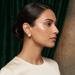 EL ARO Oversized Pearl Button Stud Earrings with Gold Bead Halo