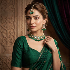 EL ARO Emerald Green Kundan Jewellery Set – Choker Necklace, Earrings & Maang Tikka