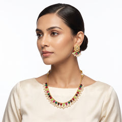 EL ARO Traditional Gold-Plated Multi-Color Beaded Choker Necklace Set with Matching Drop Earrings