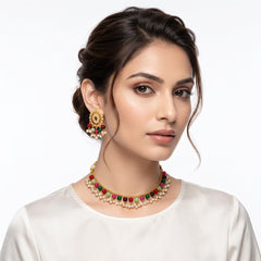 EL ARO Traditional Gold-Plated Multi-Color Beaded Choker Necklace Set with Matching Drop Earrings