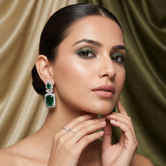 Elaro Silver Emerald Green Emerald-Cut CZ Drop Earrings with Pear Stud