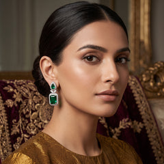 Elaro Silver Emerald Green Emerald-Cut CZ Drop Earrings with Pear Stud