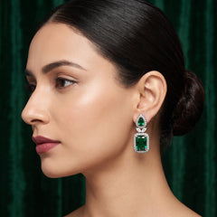 Elaro Silver Emerald Green Emerald-Cut CZ Drop Earrings with Pear Stud