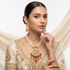 Elaro Pearl Strand Necklace & Jhumka Earrings Set with Peacock Pendant