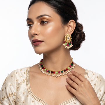 EL ARO Traditional Gold-Plated Multi-Color Beaded Choker Necklace Set with Matching Drop Earrings