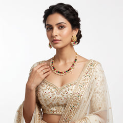 EL ARO Traditional Gold-Plated Multi-Color Beaded Choker Necklace Set with Matching Drop Earrings