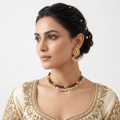 EL ARO Traditional Gold-Plated Multi-Color Beaded Choker Necklace Set with Matching Drop Earrings