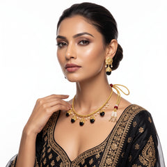 EL ARO Gold Floral Jhumka Necklace Set with Pink, Purple & Black Bead Drops