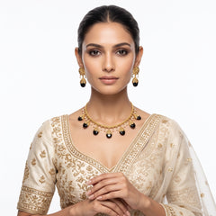 EL ARO Gold Floral Jhumka Necklace Set with Pink, Purple & Black Bead Drops