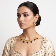 EL ARO Gold Floral Jhumka Necklace Set with Pink, Purple & Black Bead Drops