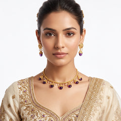 EL ARO Gold Floral Jhumka Necklace Set with Pink, Purple & Black Bead Drops