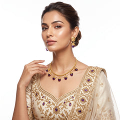 EL ARO Gold Floral Jhumka Necklace Set with Pink, Purple & Black Bead Drops
