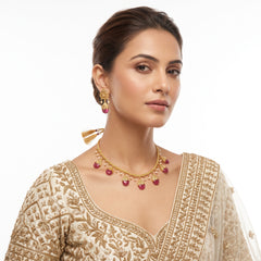 EL ARO Gold Floral Jhumka Necklace Set with Pink, Purple & Black Bead Drops