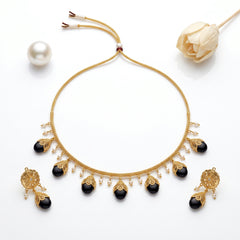 EL ARO Gold Floral Jhumka Necklace Set with Pink, Purple & Black Bead Drops